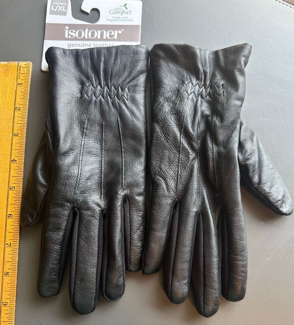 Isotoner Black Leather Fleece Lined Gloves smart touch eco comfort  Size L/XL NW - Picture 2 of 12